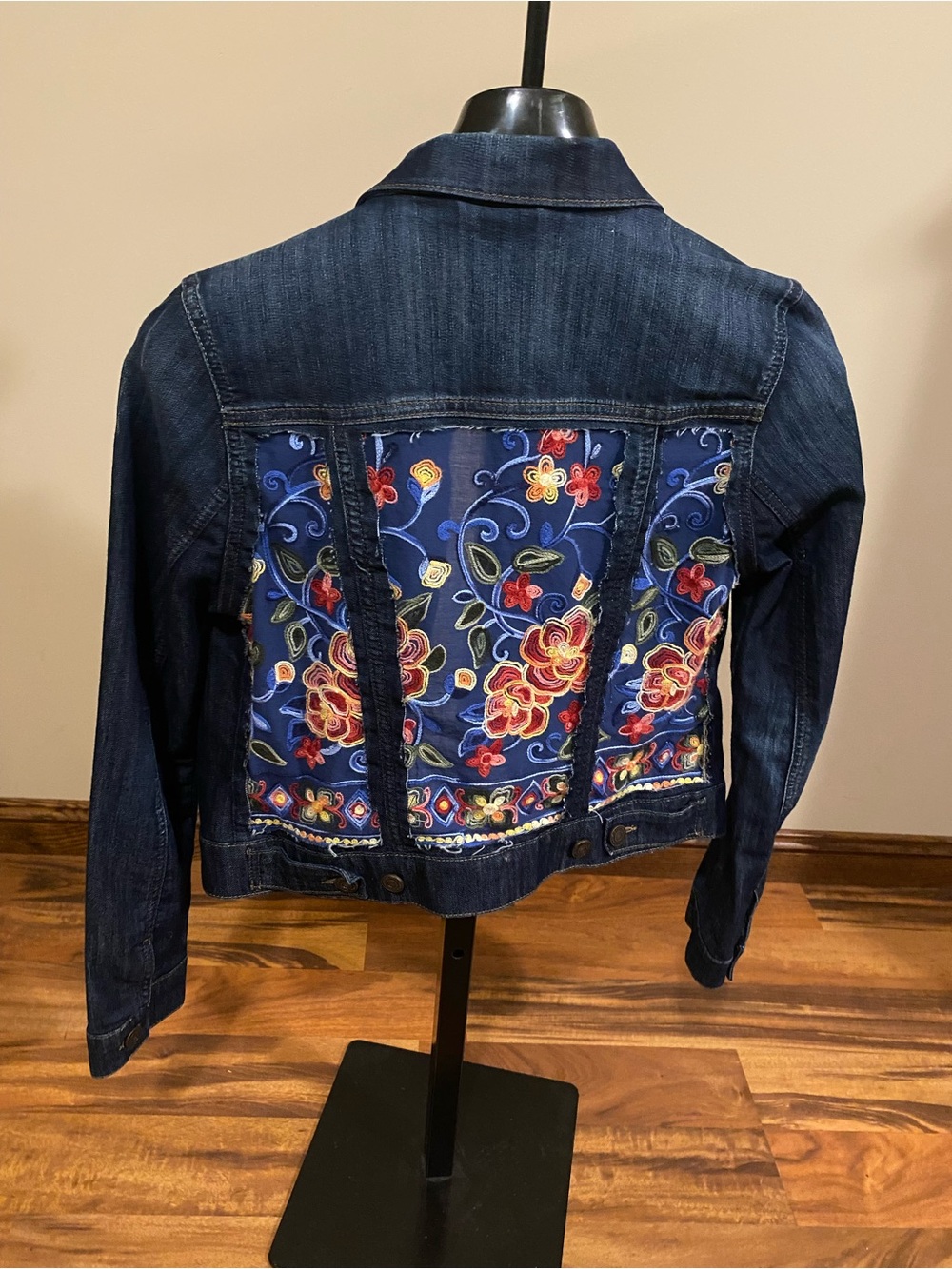 Dark Blue Mavi Denim Jacket upcycled with Floral Embroidered Back Panel